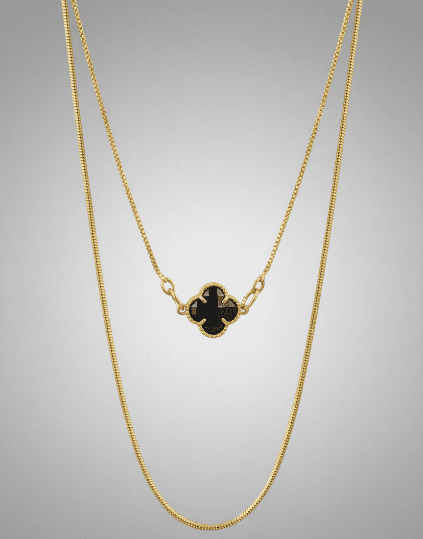 Colar Duplo Folheado a Ouro com Cristal Preto – Sofisticação em Camadas